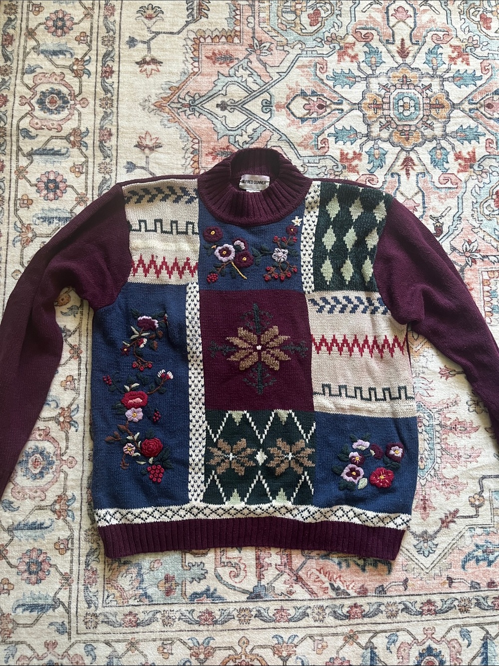 Alfred Dunner Patchwork Floral Sweater Vintage Embroidery